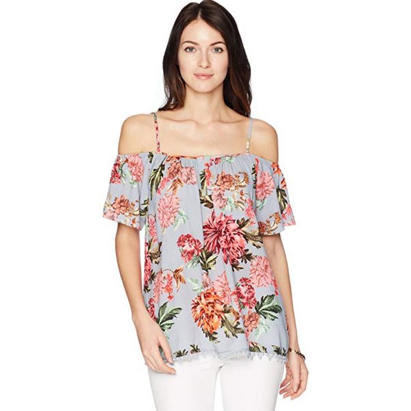 Cold Shoulder Short Sleeve Placement Print Top