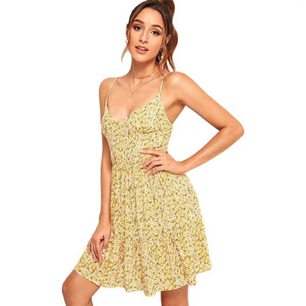 High Waist Fit and Flare Vneck Floral Cami Dress